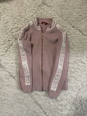 GUESS Blush Pink Knit Zip Jacket with White Logo Stripes.